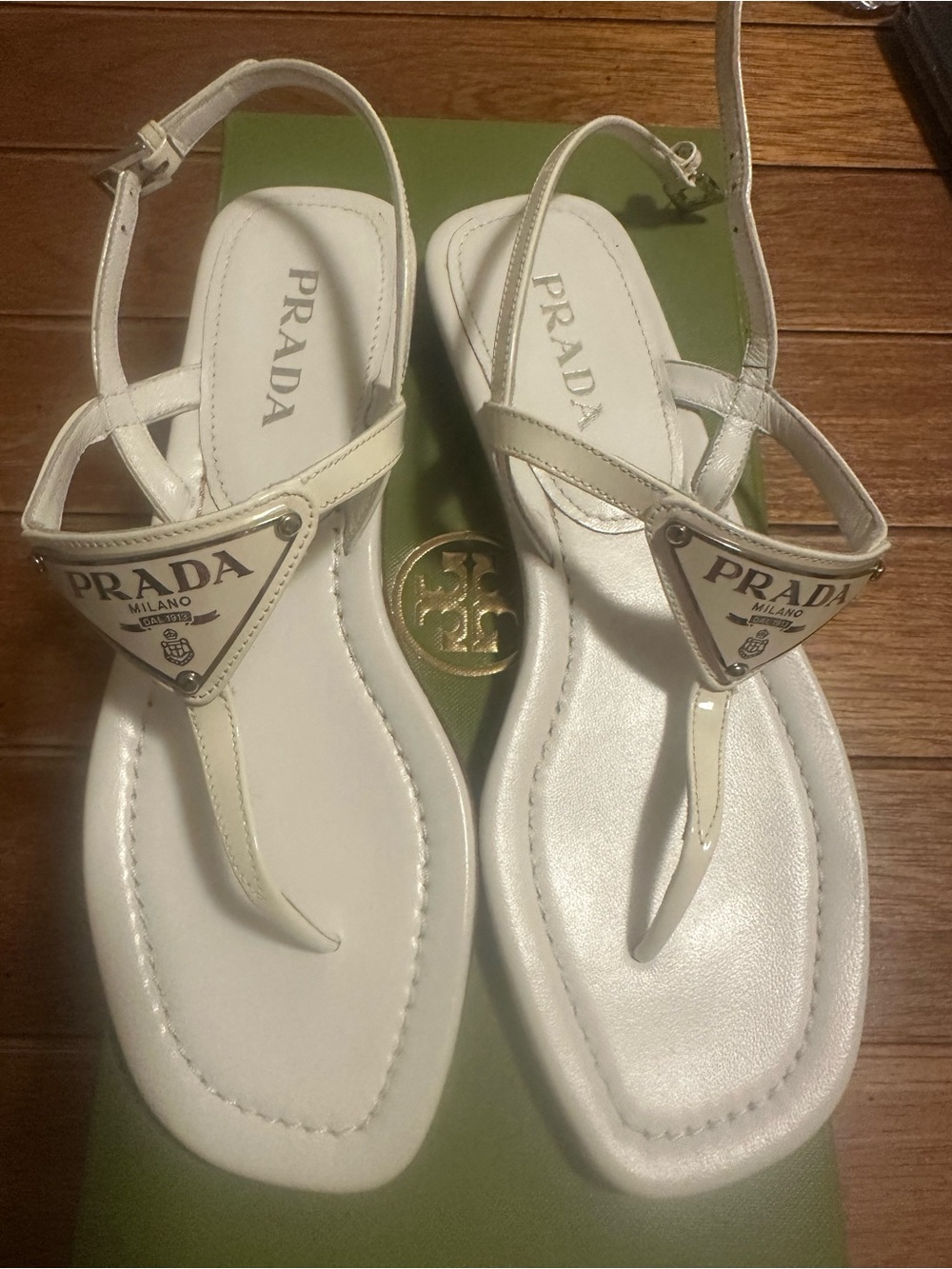 Prada White Leather T-Strap Logo Sandals